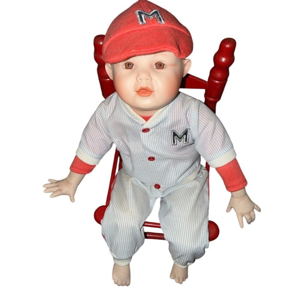 Ashton-Drake Michael Baseball Boy Porcelain Doll w/ Red Rocking Chair‎